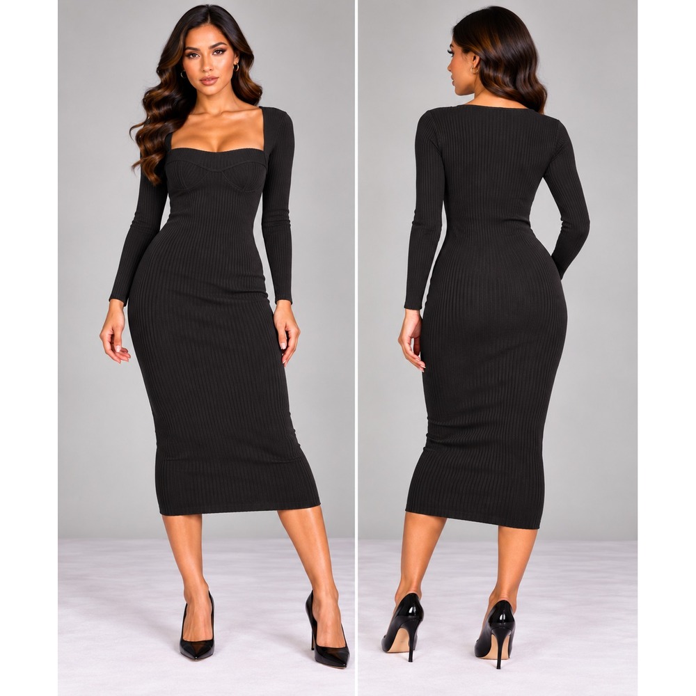 Express Ribbed Knit Dress Women M Black New Sweetheart Neck Long Sleeve Midi